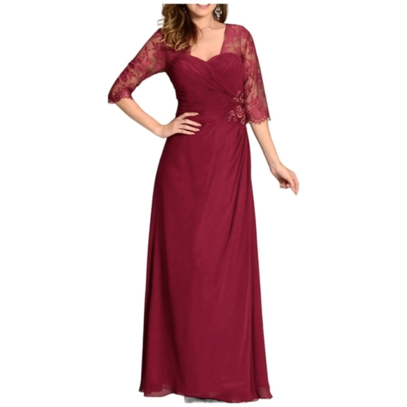 Dresses & Skirts - Burgundy Chiffon Lace Embellished Floor Length Mother of the Bride Groom Gown